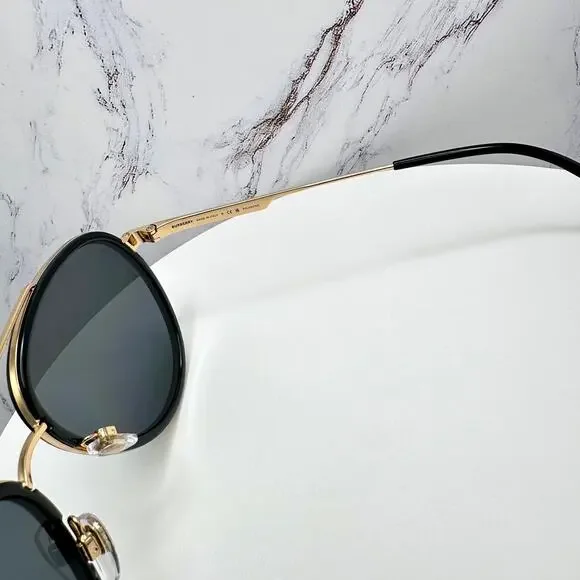 New Burberry Sunglasses Polarized Gold Black Check Arms Aviator Pilot Metal - Picture 6 of 16